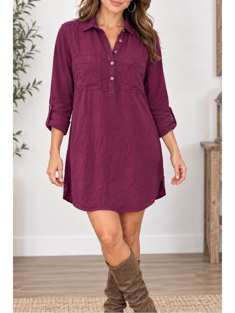 SO Brand, plum/mulberry shirt dress with a relaxed, comfortable fit, small